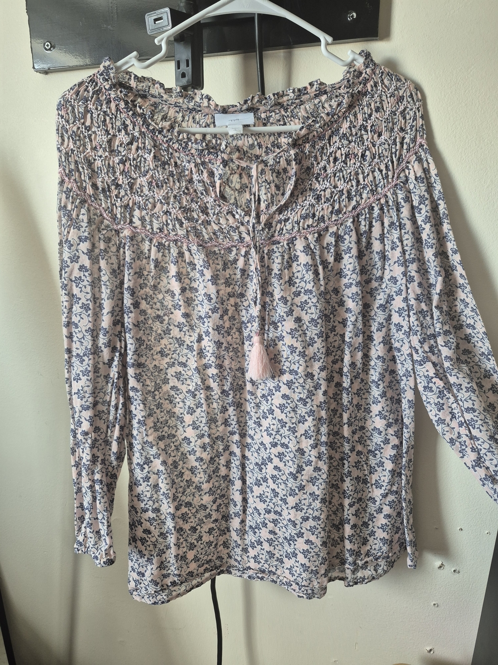 J. Jill Pink and Blue Floral Smocked Peasant Blouse
